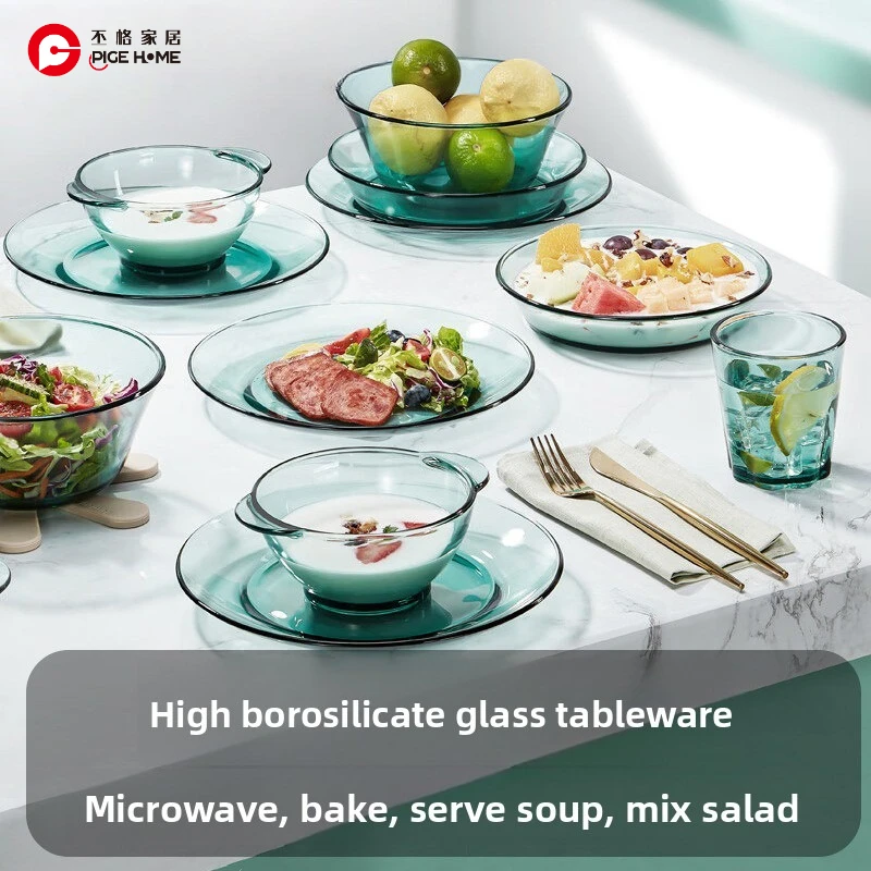 PIGE HOME Emerald Green Tableware High Borosilicate Glass Light Luxury Salad Bowl Dinner Plates Heat-resistant Glass Water Cups