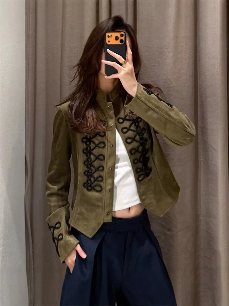 Women Faux Suede Short suede‑like surface Jacket Stand Collar Handmade Knot Embroidery Slimming Long Sleeve Outerwear