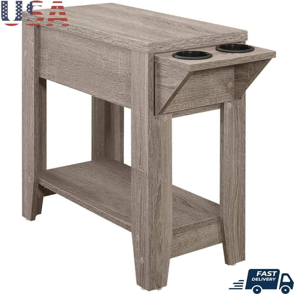 

Compact Rectangular Accent Table with Hidden Drawer Dual Cup Holders MDF Wood Composite Storage Shelf Living Room Bedroom