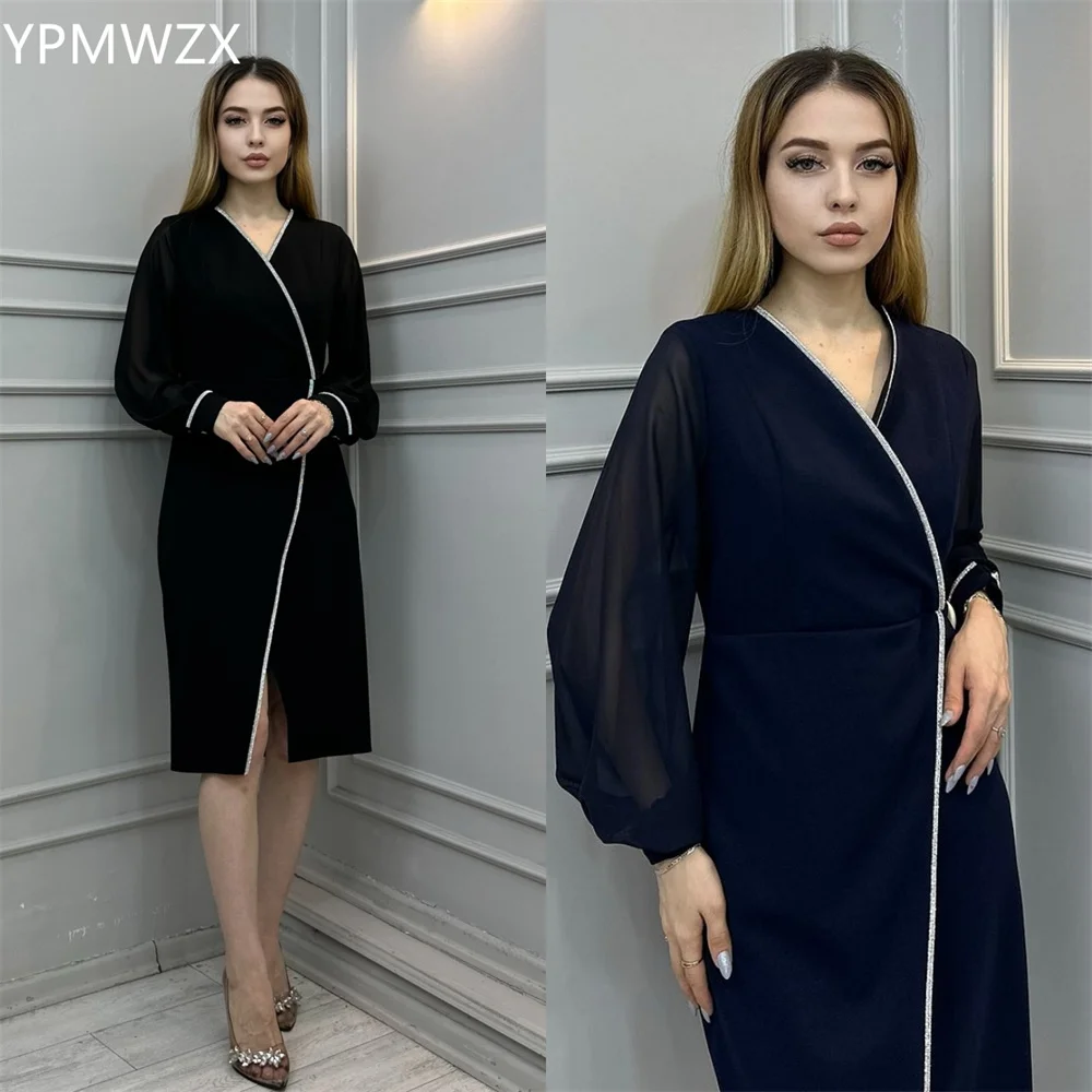 Customized Evening Dress Party Occasion Prom Gown Women YPMWZX V-neck Column Knee Length Skirts Tulle Bespoke Occasion Dresses