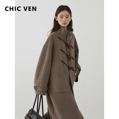 CHIC VEN 여성용 모직 코트, 레트로 디자인, 단추 루즈 롱 오버코트, 한국 여성 의류, 가을 겨울 패션, 2024 신상 