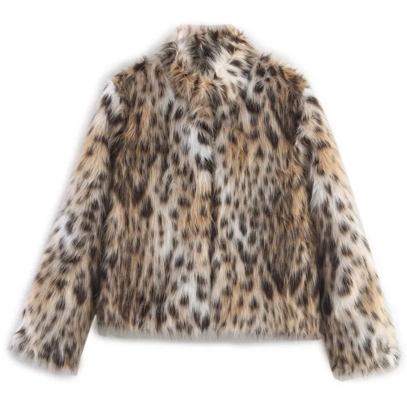 

2025 Short Faux Fox Fur Coat Jackets Leopard Printed Design Warm Thicken Soft Fluffy Fur Womens Outerwear Jackets Coats Tops