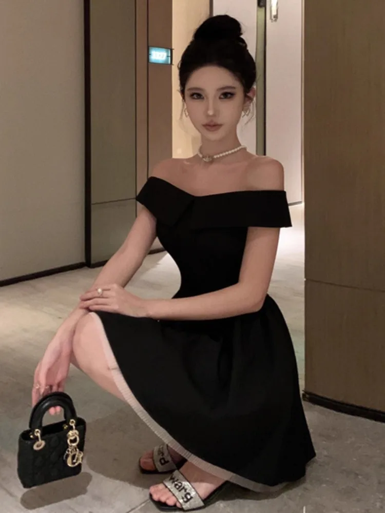 Topenomi French Vintage Boat Neck Black Evening Dress Women Elegant High Waist Slim Fit A-line Cocktail Prom Party Short Dresses