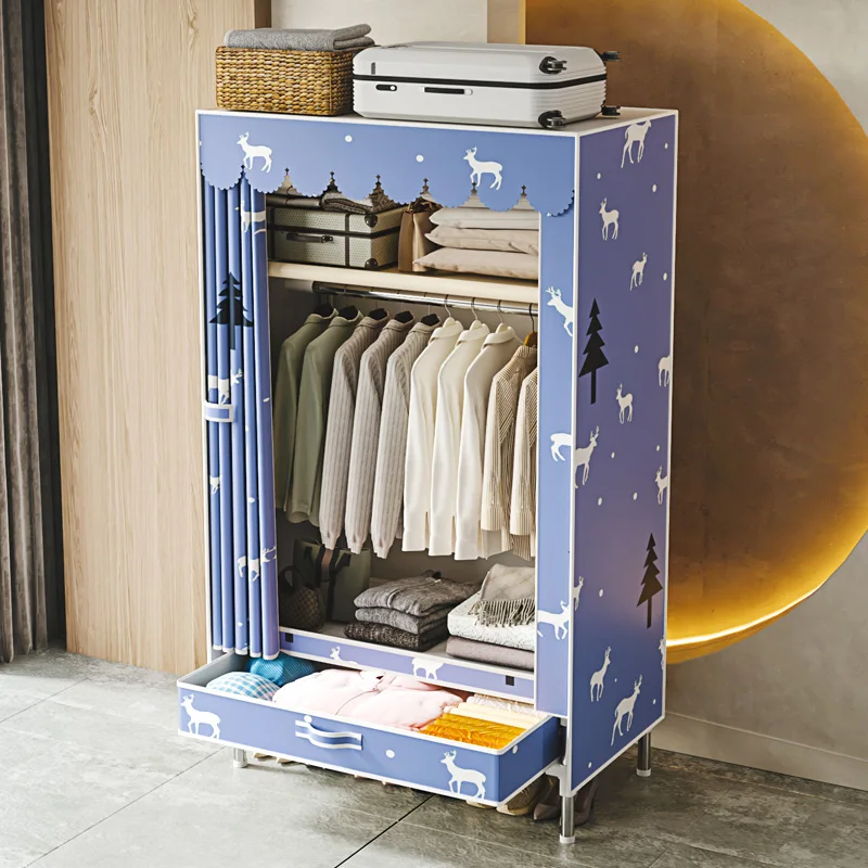 Blue Deer-Patterned Fabric Wardrobe with 1 Storage Drawer, Heavy-Duty Reinforced Metal Frame Portable Wardrobe, Dust-Proof Multi-Layer Clothing Storage Cabinet, Suitable for Bedrooms, Dormitories, Rental Apartments