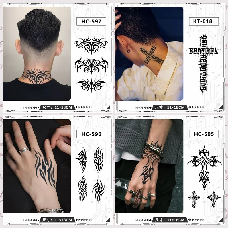 Pegatina de tatuaje de jugo de hierbas para hombres y mujeres, tótem oscuro, tatuaje falso temporal semipermanente para dedo, mano y espalda, impermeable, duradero, 4 piezas por lote