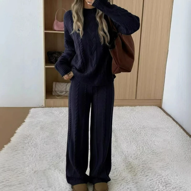 Damen Zweiteilige Hosen-Sets O-Ausschnitt Pullover Strick Langarm Pullover Dicke Lässige Gerade Lange Hosen Pullover-Anzüge Einfarbig Herbst