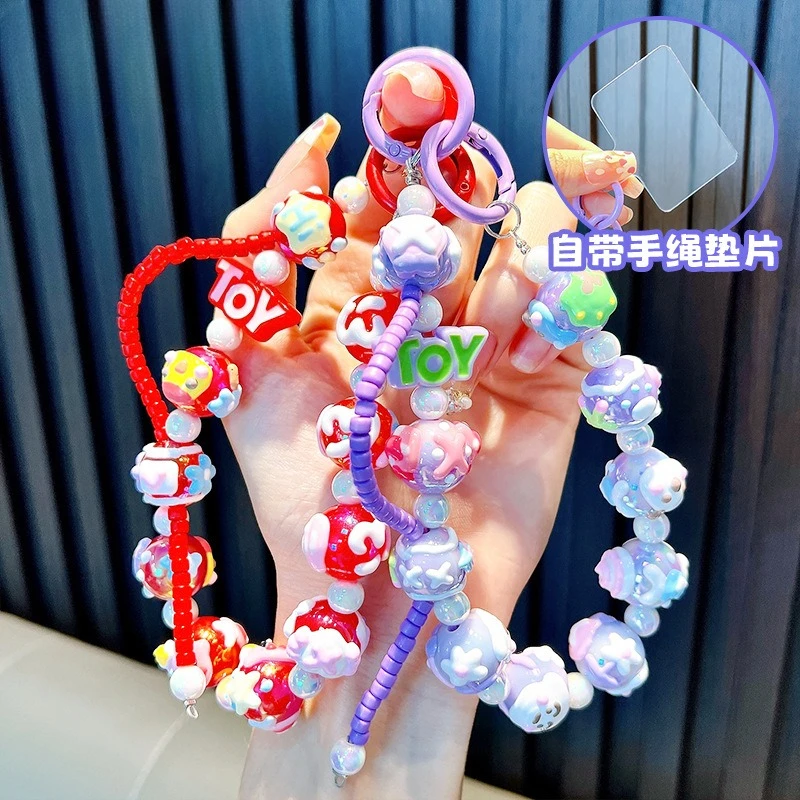 

New Hand Painted Beads W/Card Phone Chain Charms Bag Decoration Accessories Pendant Hanging Ornament Jewelry Keychain Gift