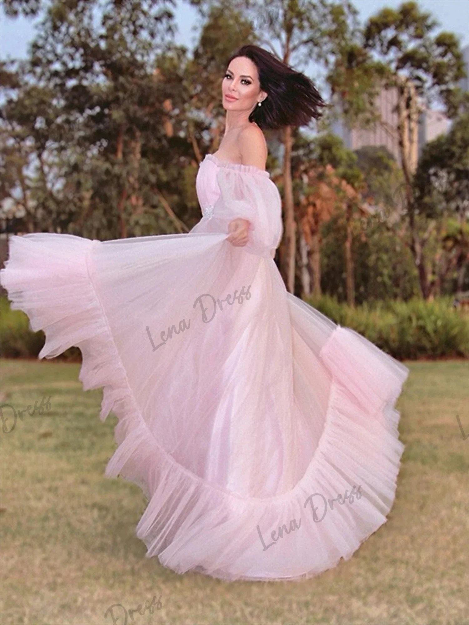 Lena Pink Wedding Party Dress Es Puff Sleeves Chiffon Elegant Evening Dresses for Women Luxury Prom Dress 2024 Gala