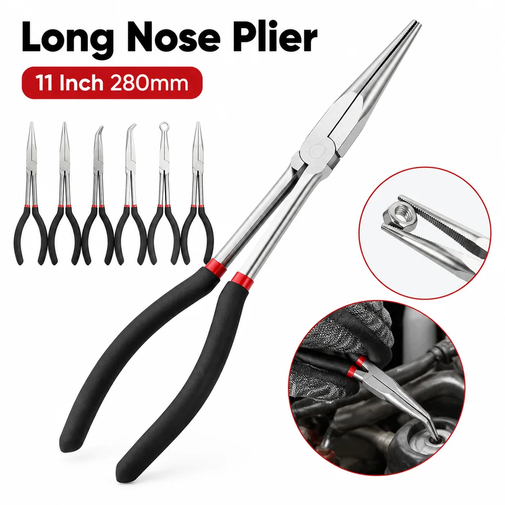 1Pcs 11 Inch Long Nose Pliers Carbon Steel Bent Handle Circle Nose Pliers 0 25 45 90 Degree Tips 280mm Long Handle