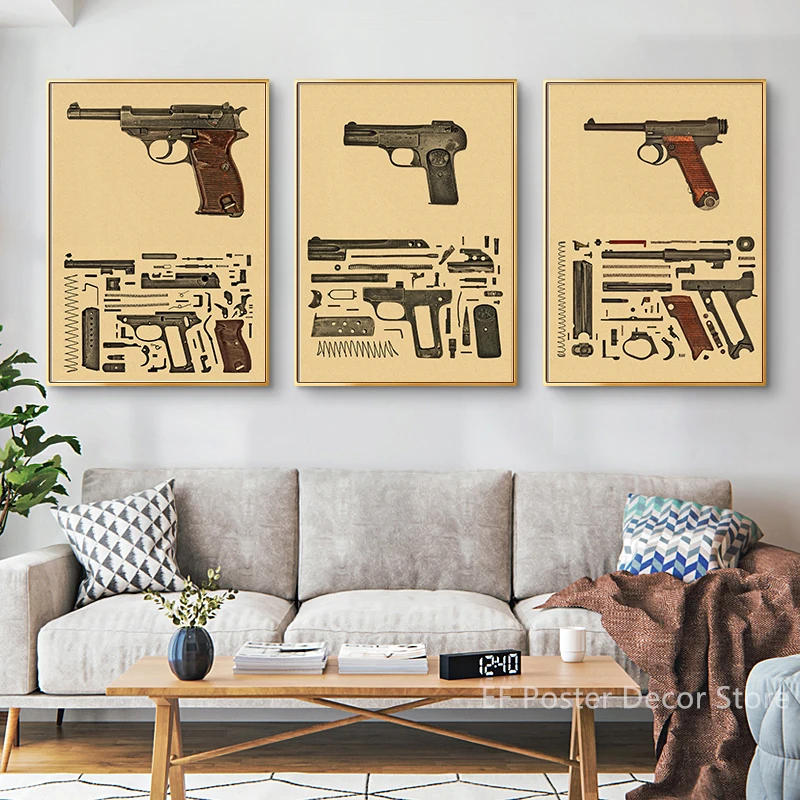 Poster de Arma Vintage para Fãs Militares, Rifle, Casa, Sala, Clube, Arte, Decoração da Parede, Máquina, Pintura Retro, Compre 3 Obter 4