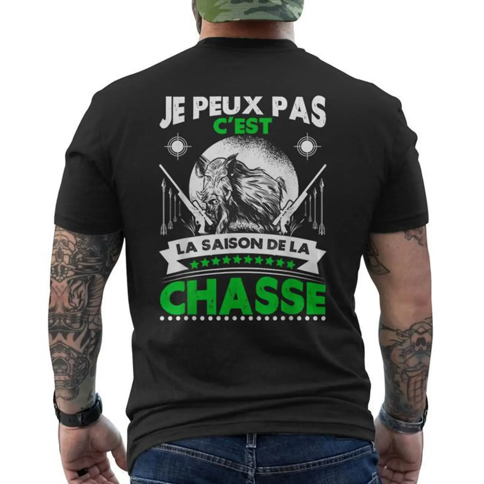 Chasseur Sanglier Chasse T shirt imprimé au dos vintage Washed homme Stylish Stretched Top For Everyday Wear streetwear Soft