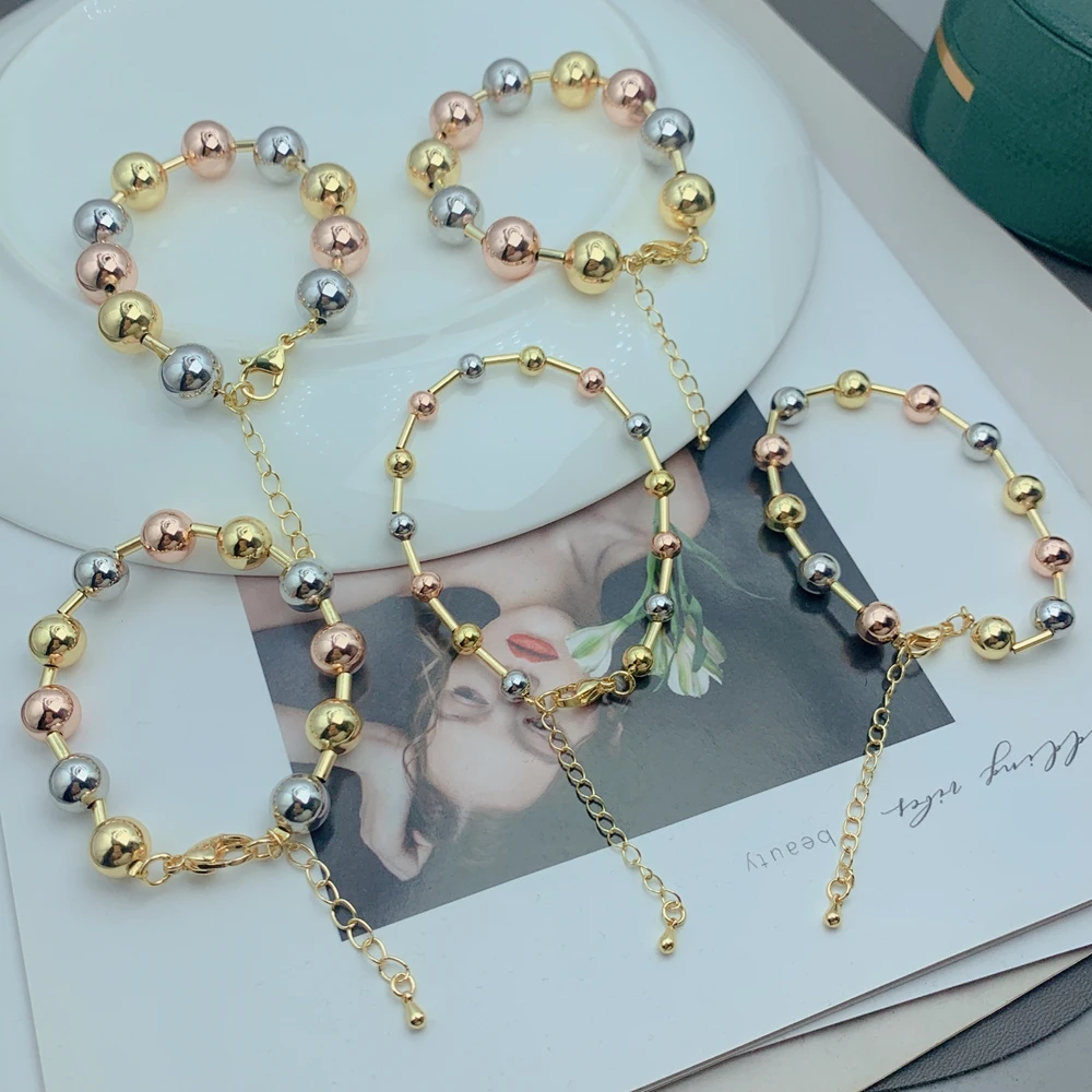 Classic Gold Plated Smooth Copper Round Bead Bracelets For Women Minimalist Design Jewelry Accessories Birthday Party Gifts