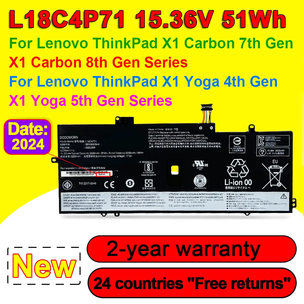 

15.36V 51Wh L18C4P71 Laptop Battery For Lenovo ThinkPad X1 Carbon 7th Gen/8th Gen X1 Yoga 4th Gen/5th Gen Series In Stock