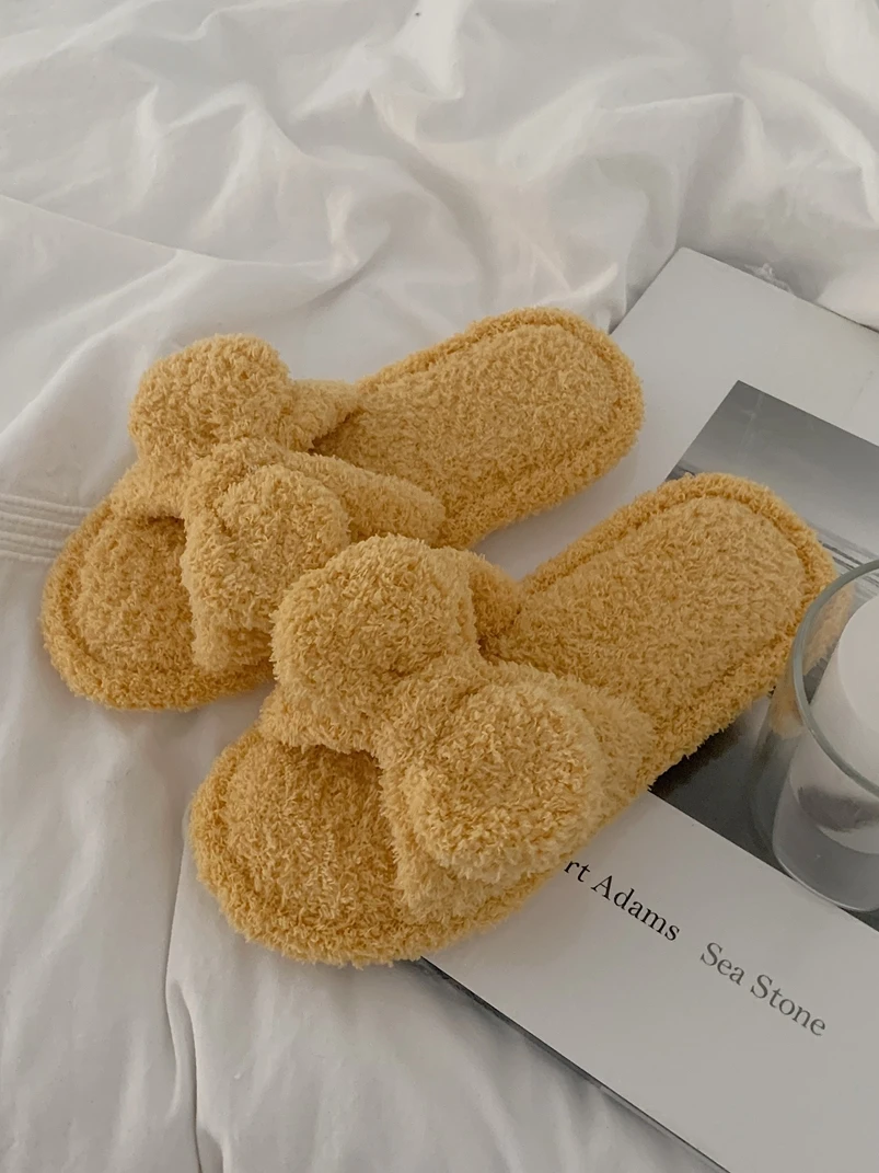 

Корейские домашние тапочки-слипоны с узлом для женщин, теплые хлопковые тапочки, нескользящие, осенне-зимние, пушистые