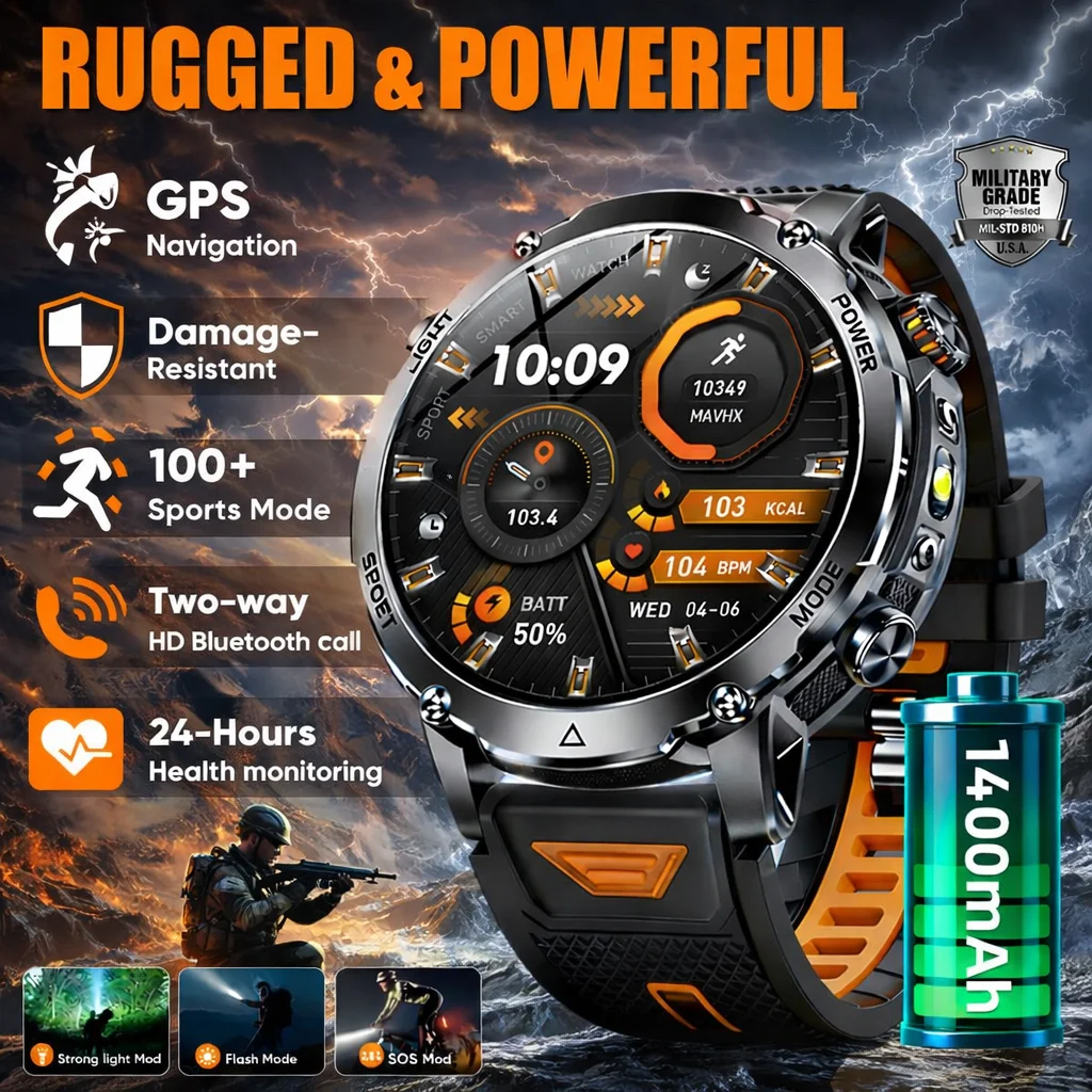 LIGE Ultra Military Smartwatch Men 1400mAh Battery 10ATM Waterproof Heart Rate  LED Flashlight Watch For Men Smart Watches