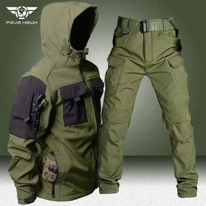 

Мужской флисовый Тактический Костюм, теплый водонепроницаемый комплект из 2 предметов, куртка с капюшоном и брюки-карго с карманами в стиле милитари