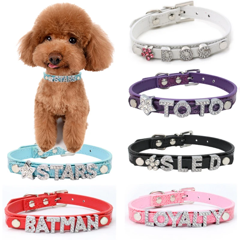 Personalized Dog Leather Collar Rhinestone Small Cat Collars Custom Name Charms Accessories for Puppy