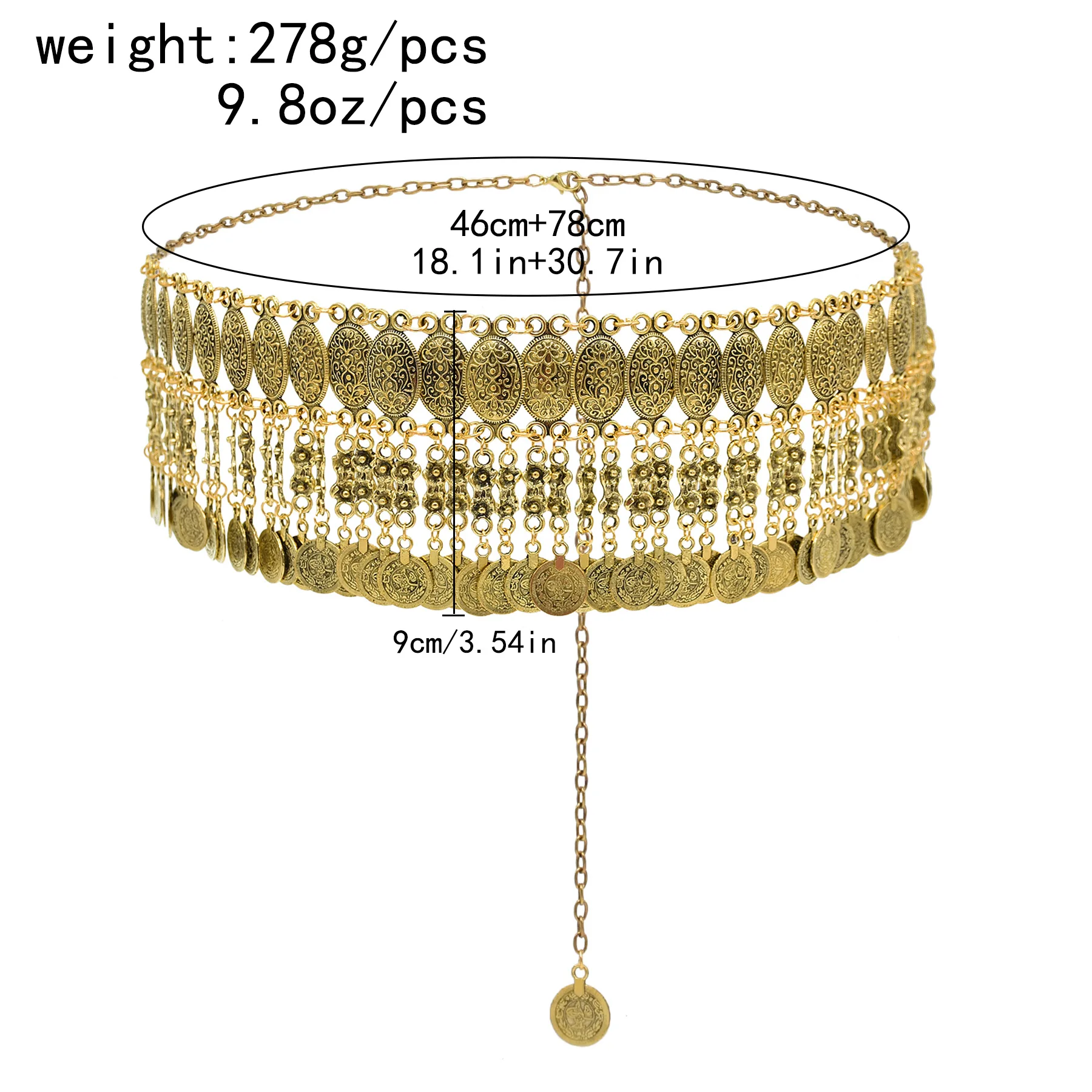Kazakh Elliptical Carving Alloy Waist Chain Coin Tassel Pendant Distress Body Jewelry Festival Central Asia Travel Accessories