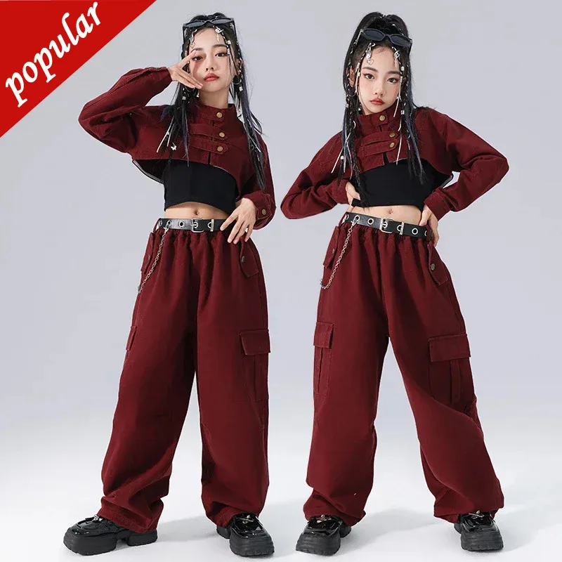 Girls Hip Hop Retro Crop Jacket Loose Cargo Pants Kids K-pop Top Street Dance Clothes Sets Children Teens Cool Ethnic Costumes