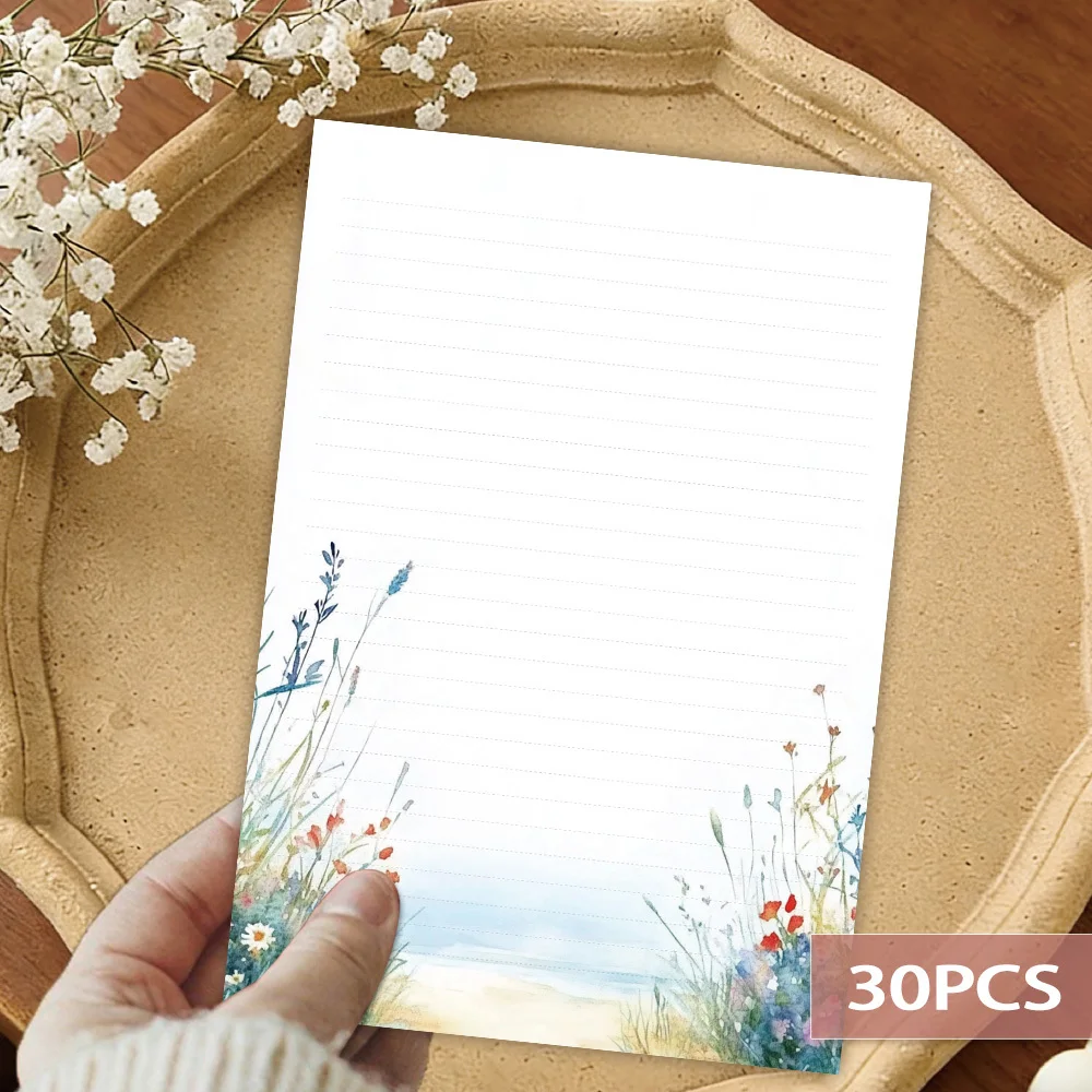 30 Sheets of Seaside Wildflower-Themed Writing Paper, Lined, Glue-Free, Very Suitable for Notebooks, Memos, and stickers