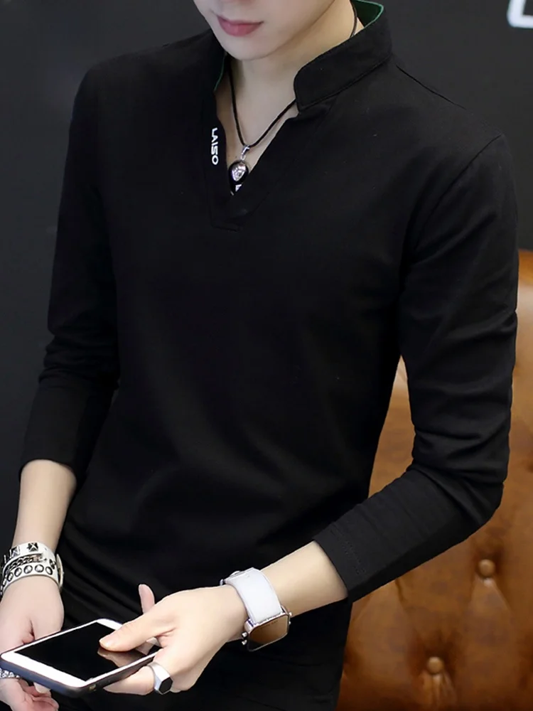 

Мужская футболка с длинным рукавом, повседневная, черная, базовый слой, модная внутренняя одежда для осени и зимы, V-образный вырез, хлопок, полиэстер