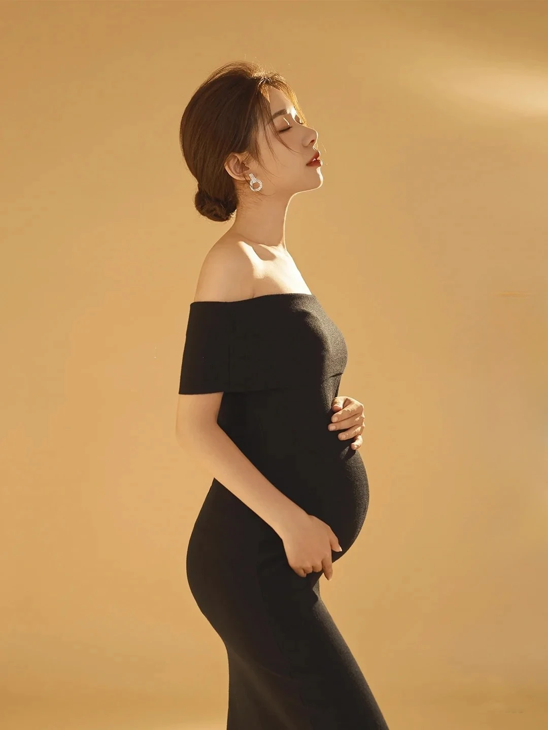 Studio Maternity Photo Clothing Black Knitted Super Slim Off-Shoulder Art Photo Studio Photo Photography Photography Slit Dress