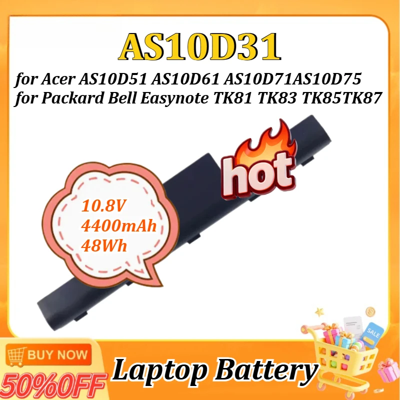 

Аккумулятор 10.8V 4400mAh 48Wh AS10D31 для ноутбуков Acer AS10D71, AS10D51, AS10D61, Packard Bell Easynote TK81, TK83, TK85, TK87