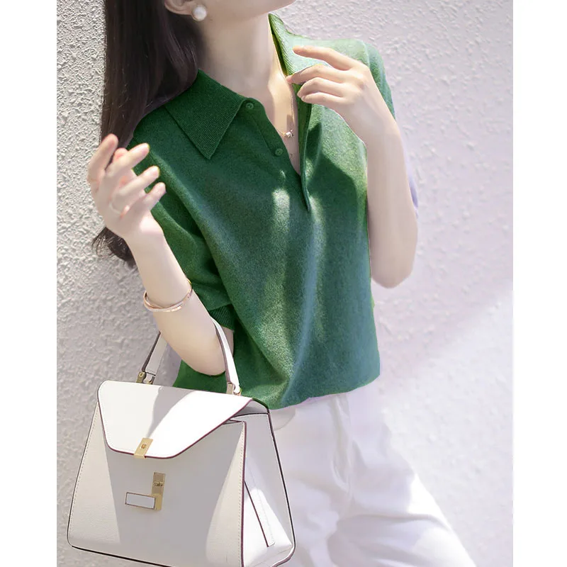 เสื้อยืดผู้หญิงทรงหลวม ผ้าไหมน้ำแข็งถัก สไตล์เกาหลี ทรงตรง ใส่สบาย ช่วยให้ดูผอมเพรียว เหมาะสำหรับฤดูร้อน