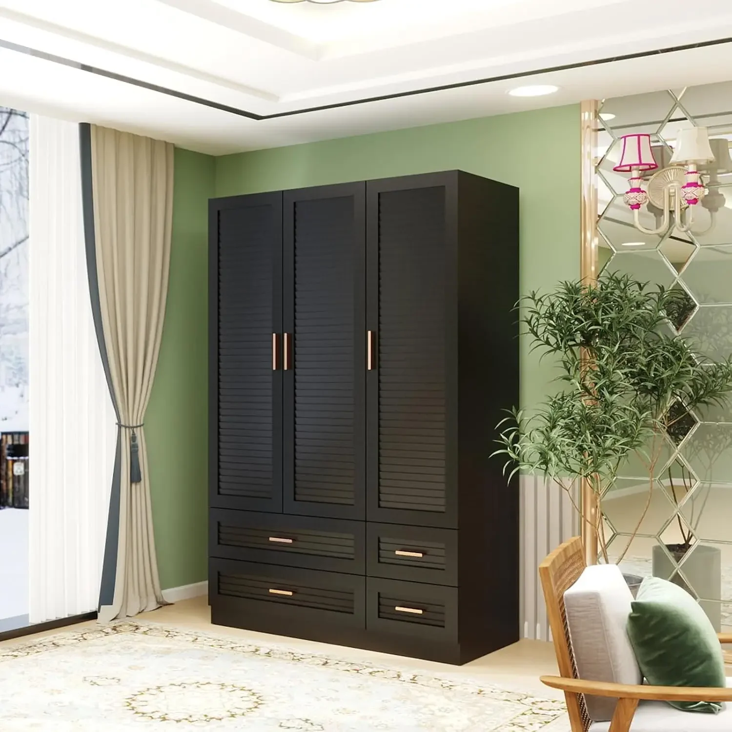 Tall Armoire Wardrobe Closet with 4 Drawers, 3-Tier & Hanging Rod,3 Louver Doors Wooden Closet Storage Cabinet for Bedroom,Black