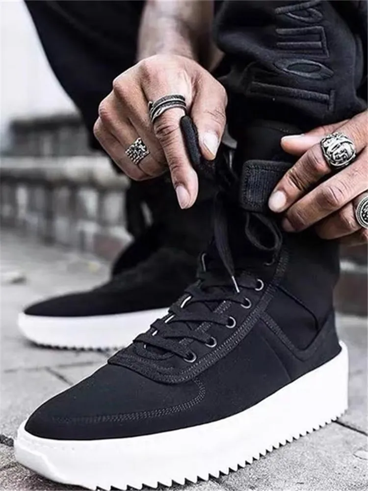 

High-Top Men's Boots Canvas oes Faionable Casual Height-Increasing Street Sle round Toe Rubber Outsole Leather L...