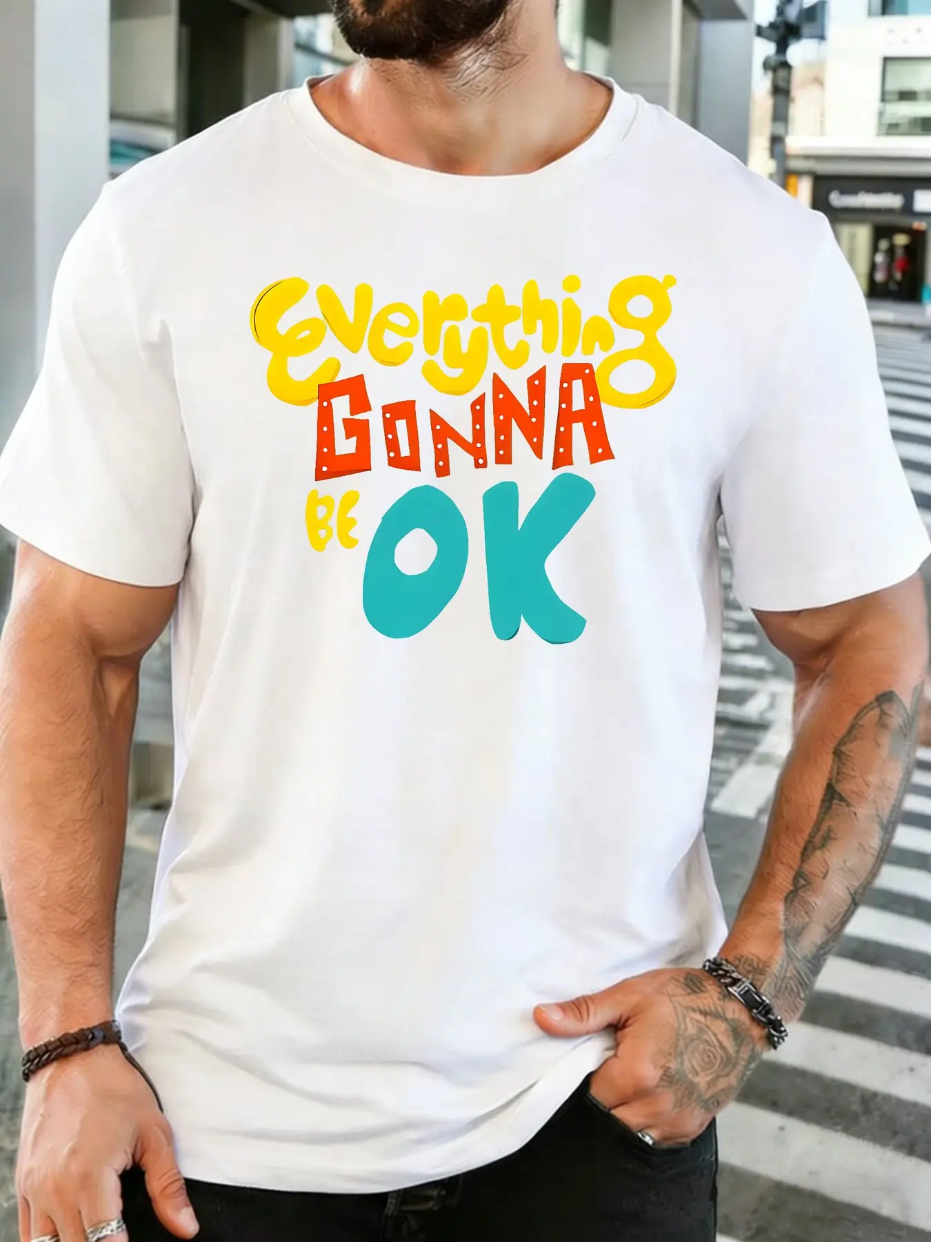 Fashion Mens White Basic Tee Fun Bubble Font Everything Gonna Be OK Uplifting Positive Slogan Casual Short Sleeve Shirts