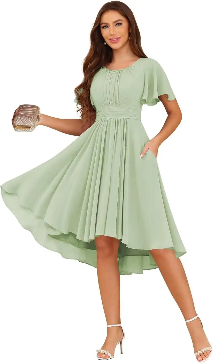 A-Linie Brautjungfernkleider mit U-Ausschnitt und Taschen, kurze Cocktail-Kleider aus Chiffon, formelle Kleider für Hochzeitsgäste