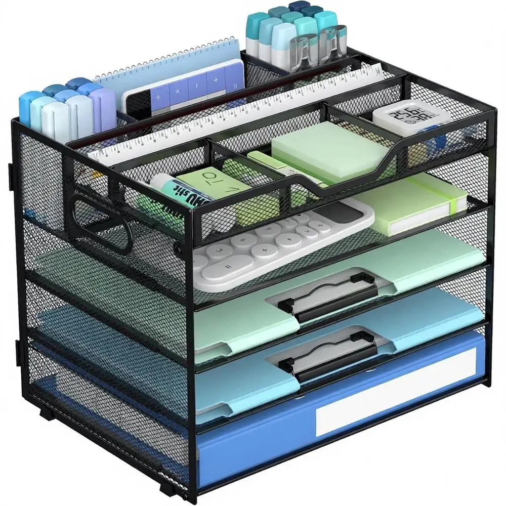 

5-Tier Adjustable Mesh Desk Organizer with Stackable Letter Tray and Handles - Black