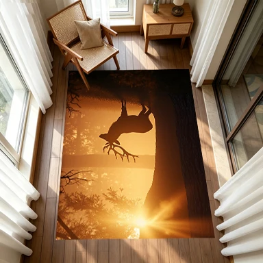 Deer Silhouette Sunset Forest Carpet Flooring Nature Scenery Large Area Rug for Home Decoration