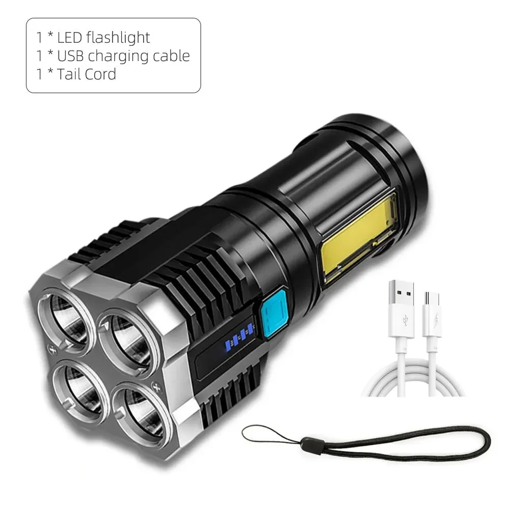 Strong Light Flashlight Camping Torch Rechargeable Multifunctional Portable Hand Lantern with 4 Lamp Beads and COB Side Light