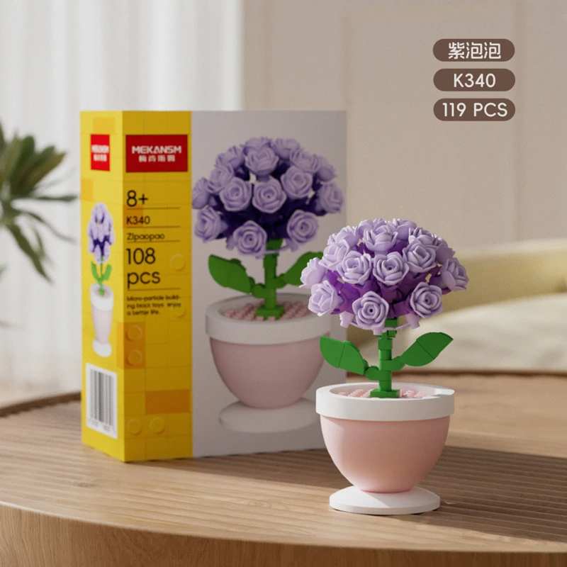 Bausteine, Blumentöpfe, Rosen, Sonnenblumen, Nelken, Mikro-Granulat, Lernspielzeug für Kinder zum Zusammenbauen, Dekorationen – Detail 6