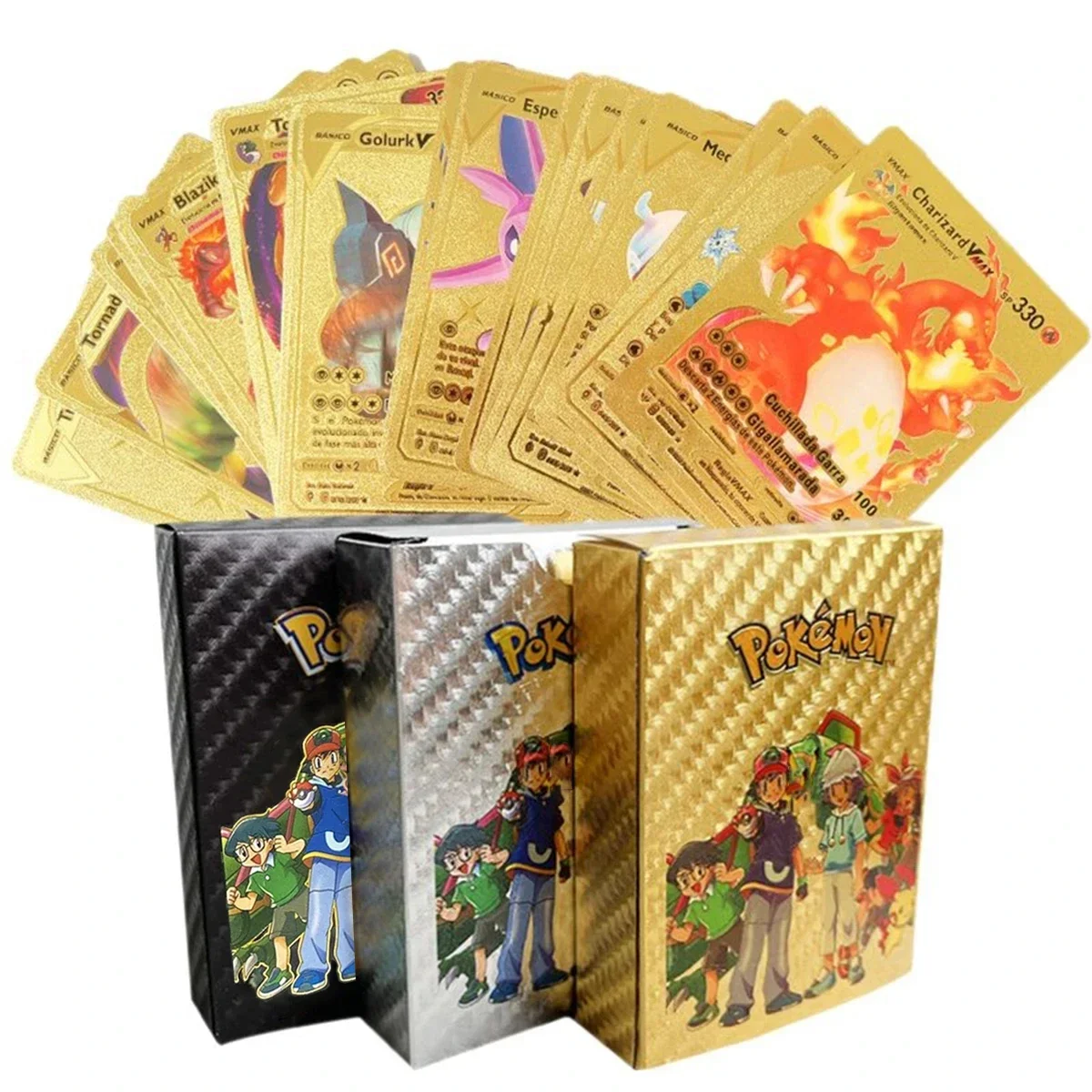 

55Pcs Pokemon Gold/Silver/Black Foil Cards Golden Letters English / Spanish Game Card Metalicas Charizard Vmax Gx Series Gift