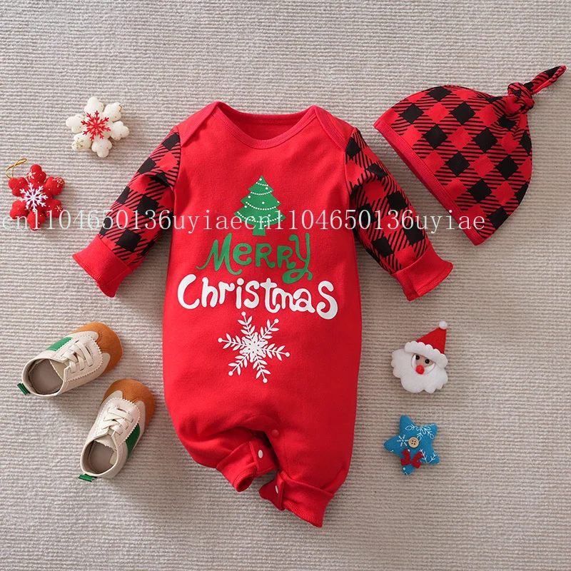 

Christmas 100% Cotton Romper Baby Red and black checkered pattern Gift a Hat Festival Print Clothes Autumn Button Knitted Soft