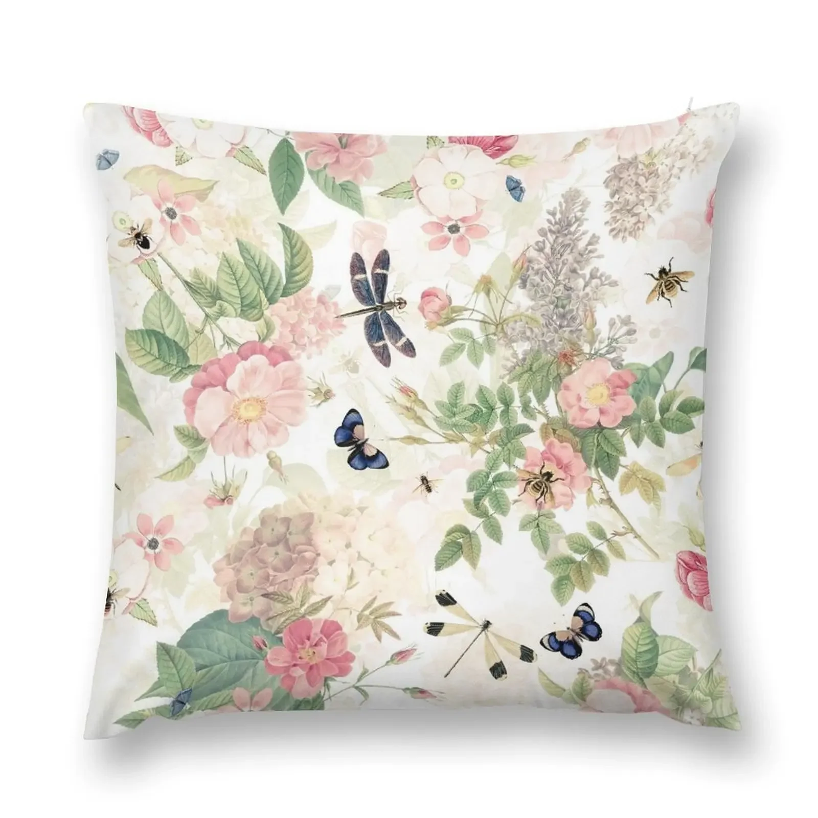 UtART - Vintage Roses Spring Flower And Early Insects Botanical Garden Pattern - Sepia Blush Cream white Throw Pillow