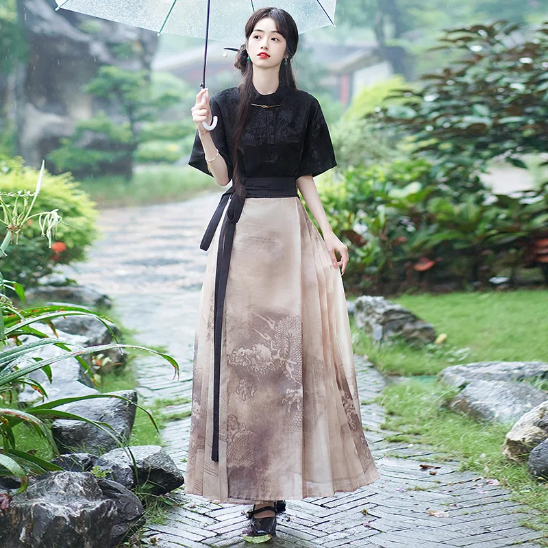 

YOUDEYISI Chinese one-button stand-up collar half-sleeved short-sleeved Hanfu with shirt ink printing and dyeing horse skirt