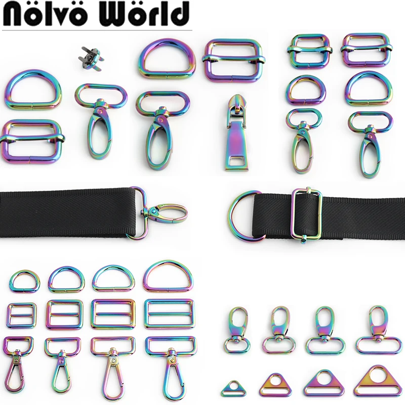 20/25/32/38MM Rainbow Metal Swivel Hook With D Rings Set For Bags Strap Purses Keychain Triangle Glide Slide Buckle Accessories