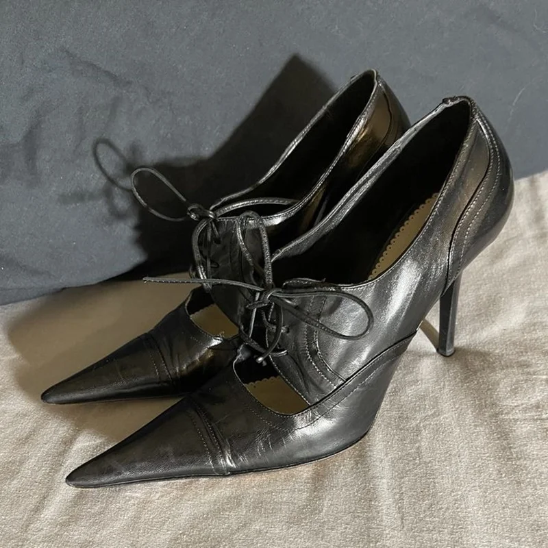 

Black Lace Up Shallow Pumps Matte Thin High Heel Pointed Toe Fashion Cool 2025 Summer Big Size Woman Shoes Zapatillas Mujer