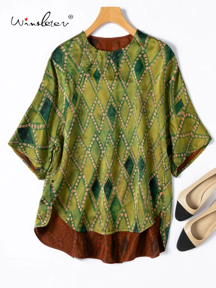 

Winsleter-Women 100%Real Silk Watered Gauze Elegant Shirt, Batwing Sleeve Jacquard, Retro Loose Blouse, 2025 Summer New T57362CC