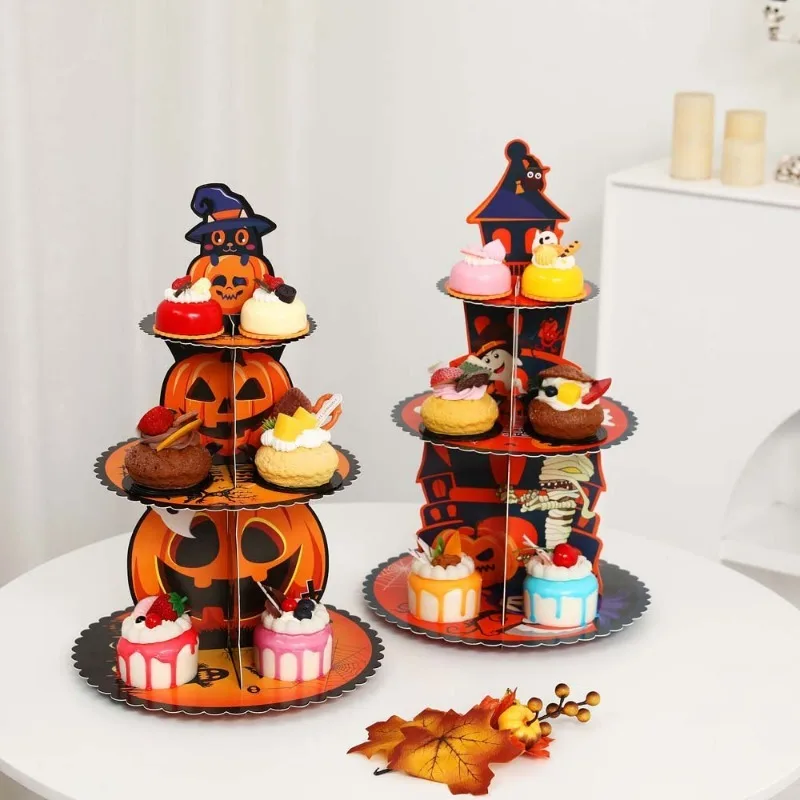 Happy Halloween 3Layer Cake Stand Ghost Pumpkin Cupcake Table Shelf Witch Hat Top Paper Tray Halloween Party Decoration for Home