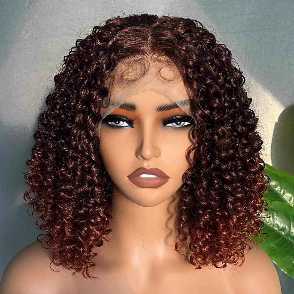 

16-дюймовый короткий парик Боб, синтетический парик спереди, медно-красный цвет, странный, вьющийся, средняя часть, кружевной парик для женщин, повседневная модная прическа