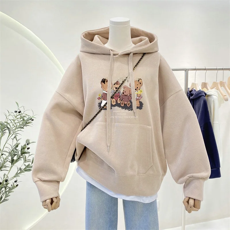 

Oversize Fleece Lined Thickened Hoodie Women's Bear Print Sweatshirt Korean Style Long Sleeve Casual Outerwear Coat