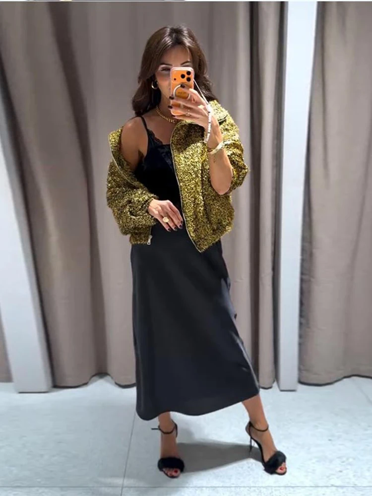 

Winter Clothes Woman Coat New Outerwear Cropped Golden Sparkly Jackets Zipper Collared Casual Winter Tops Turn Down Collar Wear