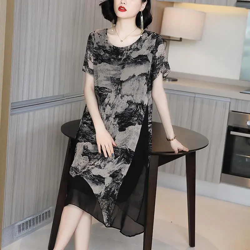 Chinese Style Vintage Ink Painting Midi Dress Casual Irregular Women's Clothing Summer Fashion Patchwork Asymmetrical Dresses