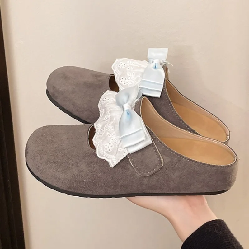 

Женские туфли-лодочки на плоской подошве с кружевом и бантом, осень 2023, элегантные замшевые тапочки, новая модная повседневная обувь с открытой пяткой, удобная обувь Zapatillas Mujer