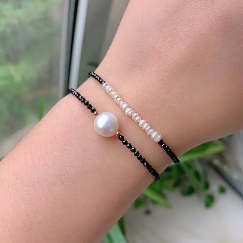 2mm Small Faceted Shining Black Obsidian Stone Bracelet White Baroque Pearl Charm Reiki Healing Jewelry Bracelets for Women